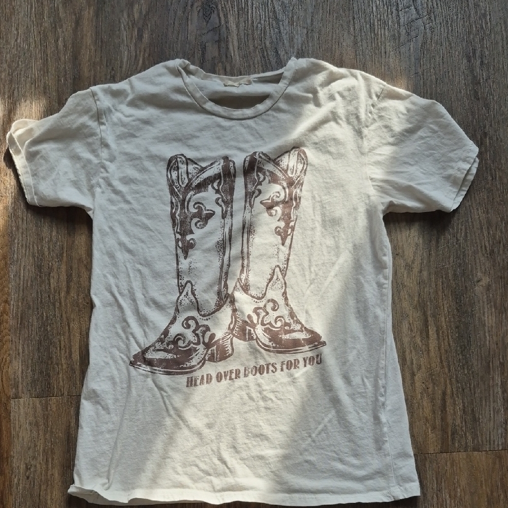 Altar'd State Womens Sz XS Cowboy Boot T-shirt Cream & Brown